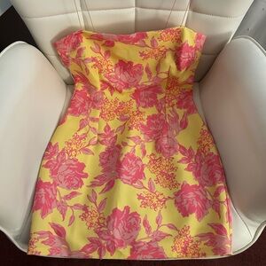 White Fox Boutique Yellow Mini Dress with Pink Floral Pattern